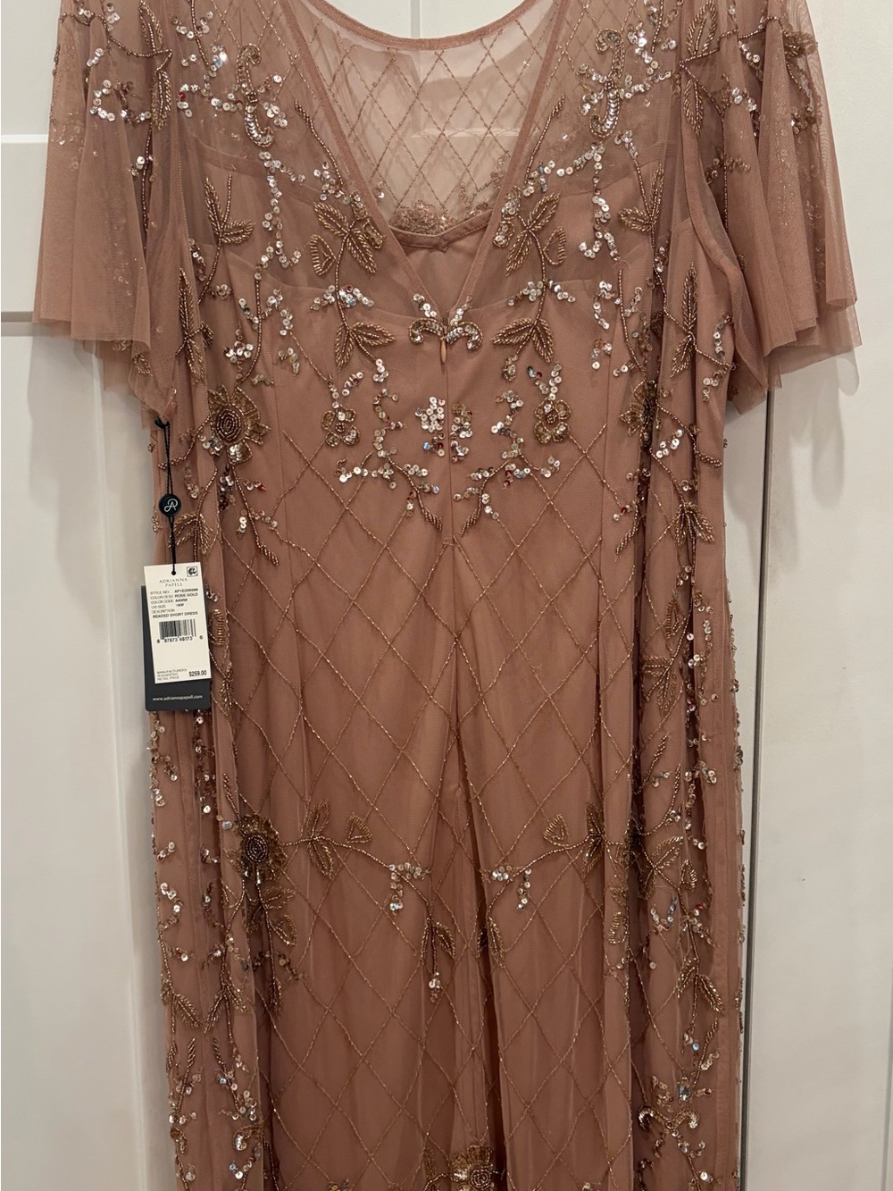 Adrianna Papell Rose Gold Beaded Mesh Short Dress
